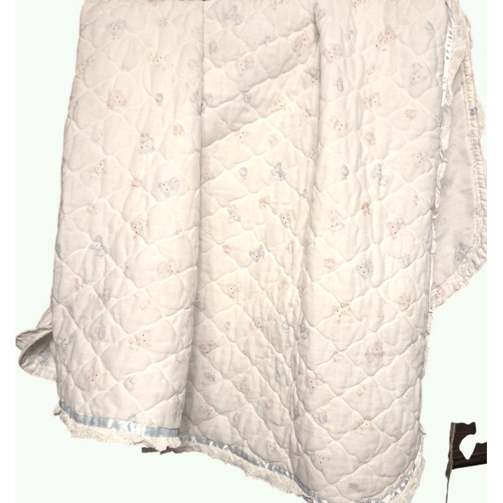 Handmade Quilted Baby Blanket Kids OS Cream 70s Vintage Teddy Puppies Lace Trim